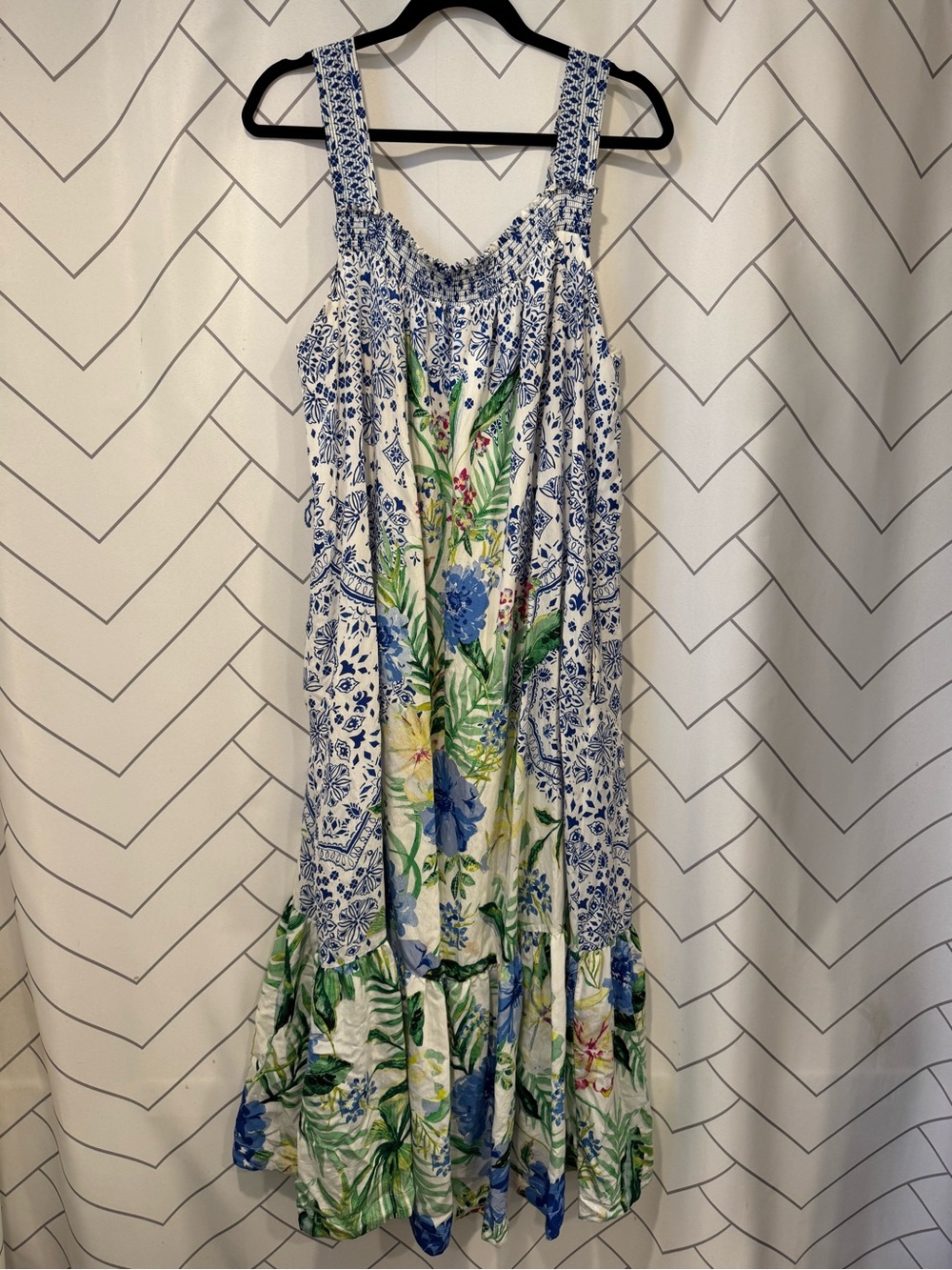 Anthropologie Maeve Blue, White & Green Floral Maxi Dress